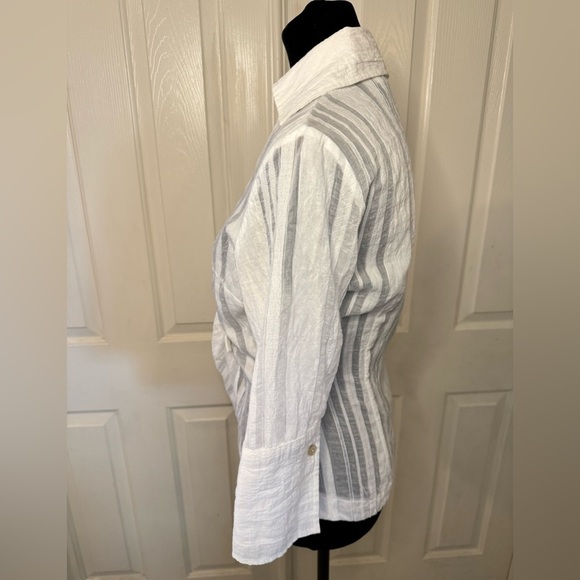 Farinaz Taghavi Sz 4 White Top Button Wrap 3/4 Sleeve Cotton Blend Shirt Blouse - Picture 6 of 11